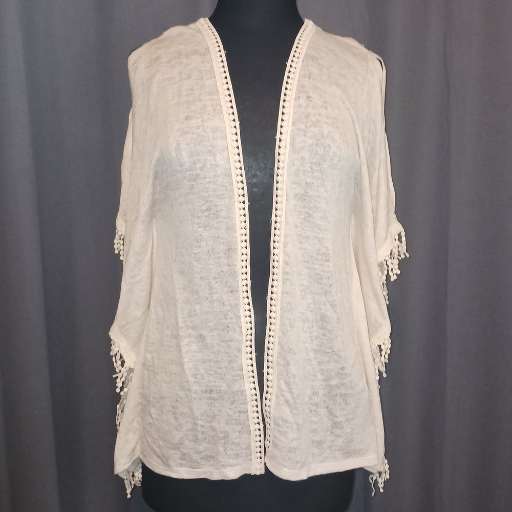 Maurices Bohemian Cream Crochet Lace Back Tassel‎ Fringe Kimono Cardigan Open L